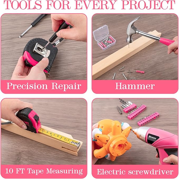 Drill Set, Cordless Drill, Small Tool Kit, 112pc 3.6V USB Tool Set, Tool Kit for Dorm, Cordless & Rechargeable, Pink Home Toolbox for Women, DIY Toolbox