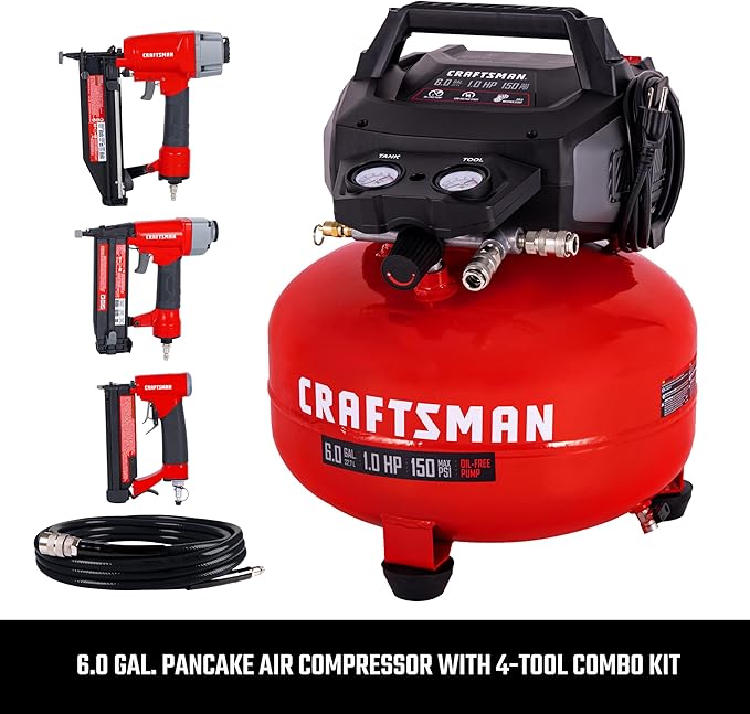 Craftsman 6-Gallon Pancake Air Compressor 4-Tool Combo Kit, 150 PSI, Oil-Free, Includes 16GA Finish Nailer, 18GA Brad Nailer, 23GA Pin Nailer & 25-Ft Air Hose, Model CMXECXA0210641K