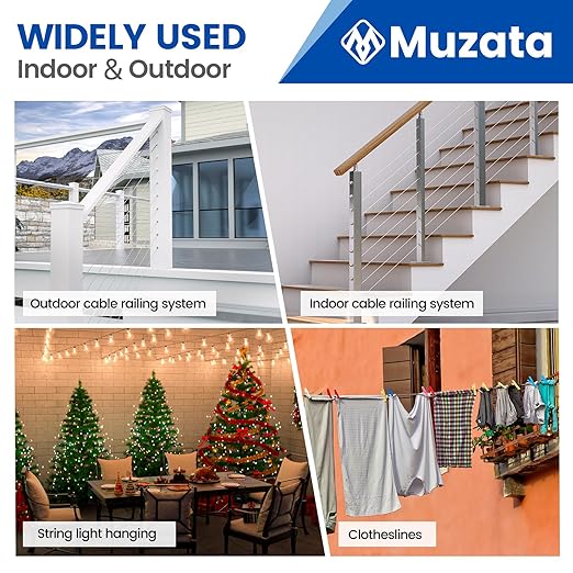 Muzata 800 ft 1/8" Stainless Steel Cable Railing System Hardware T316 Stainless Steel Wire Rope 7x7 Strands 1800 lb Breaking Strength Deck Cable Railing Kit for Indoor Outdoor Coastal WR02