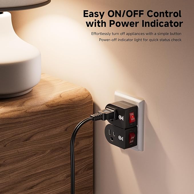 [ETL Listed] Cable Matters 3-Pack Grounded Outlet Switch with ON Off, Plug Switch ON Off, Single Outlet Adapter ON/Off, Black