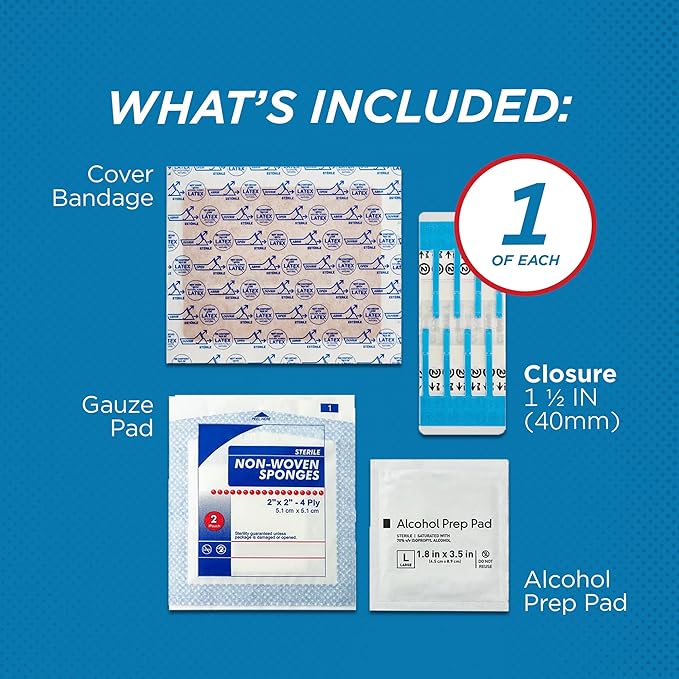 Clozex Emergency Laceration Kit - Repair Wounds Without Stitches, Skin Closure Device for a Wound Up to 1 1/2 Inches Length. Complete Kit to Clean, Close, & Cover Wounds