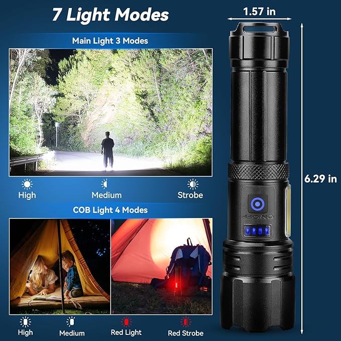 Rechargeable Flashlight, 99,000 Lumens Super Bright Flash Light, 7 Modes with COB Work Light, IPX6 Waterproof, Powerful Handheld LED Flashlights for Camping, Hiking