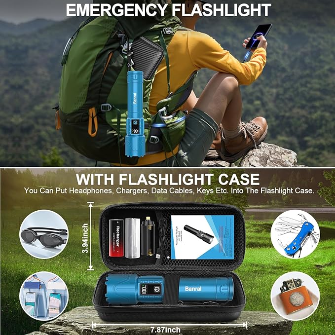 Rechargeable Flashlights High Lumens - Super Bright LED Tactical Flash Light, Powerful Waterproof Handheld USB C Flashlight for Camping,Emergencies,Home,5 Modes,Zoomable (1, Turquoise)