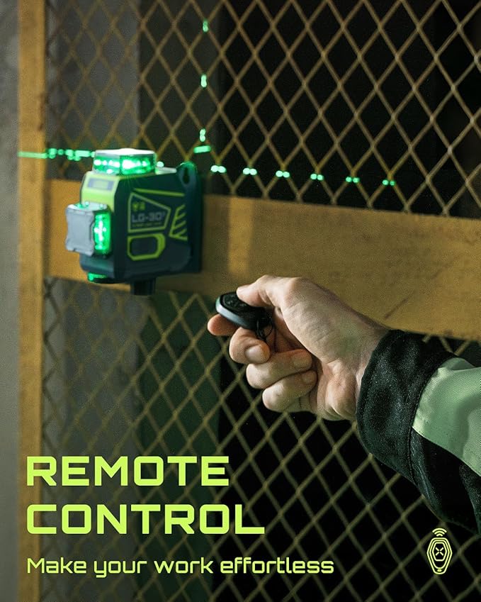 Laser Level 3x360° Self Leveling, 3D Green Cross Line Laser for Construction and Picture Hanging, Rechargeable Battery, Remote Control, Magnetic Rotating Stand Included - LG-3Dx