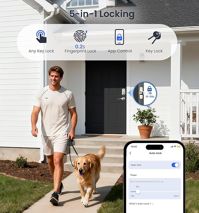 Veise VE017 Fingerprint Smart Door Lock, App Control, 7-in-1 Keyless Entry, Auto Lock, Emergency Power Port, Electronic Touchscreen Keypad, Biometric Smart Locks for Front Door, Satin Nickel