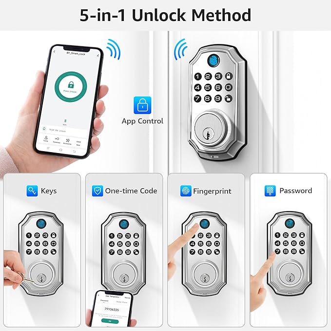 LOCK&SOLVER Keyless Entry Door Lock, Smart Lock for Front Door, Keypad Fingerprint Doorlock, App Remote Control, One-Time Code, Auto Lock, Easy Installation with Video Guide, Rust-Resistant Zinc