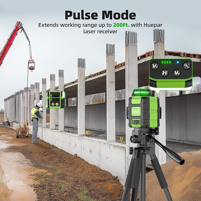 Huepar Laser Level 360 Self Leveling, Rechargeable Green Laser 3x360° Cross Line Lazer Leveler 3D Level Laser Tool for Construction and Picture Hanging, Strong Magnetic Bracket&Hard Carry Case -HM03CG
