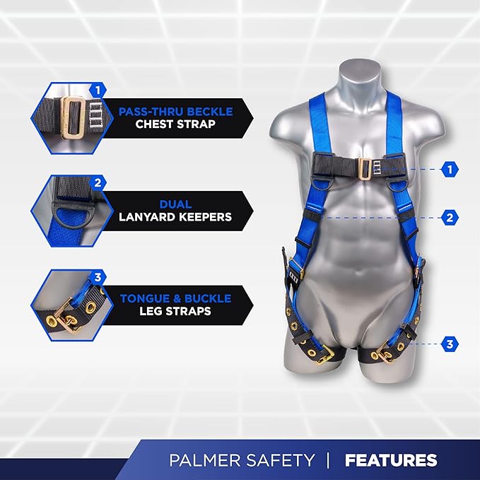 Palmer Safety Full Body Construction Harness with 5 Point Adjustment, 1D-Ring, Tongue Buckle