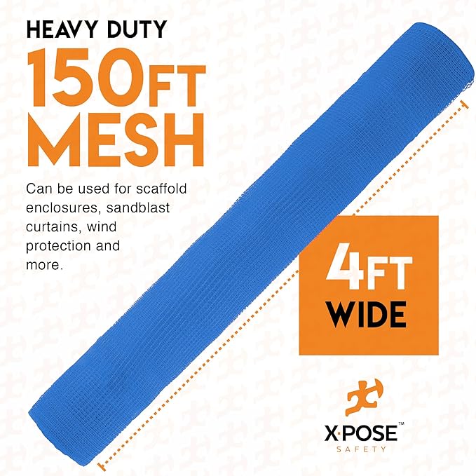 Construction Safety Debris Netting - 150 Ft Temporary Material Roll, 1/4" Mesh Scaffold Net Enclosure, Barricade, Visibility Barrier, Fencing Roll, Heavy Duty Fire Retardant 4 ft x 150 ft, Blue