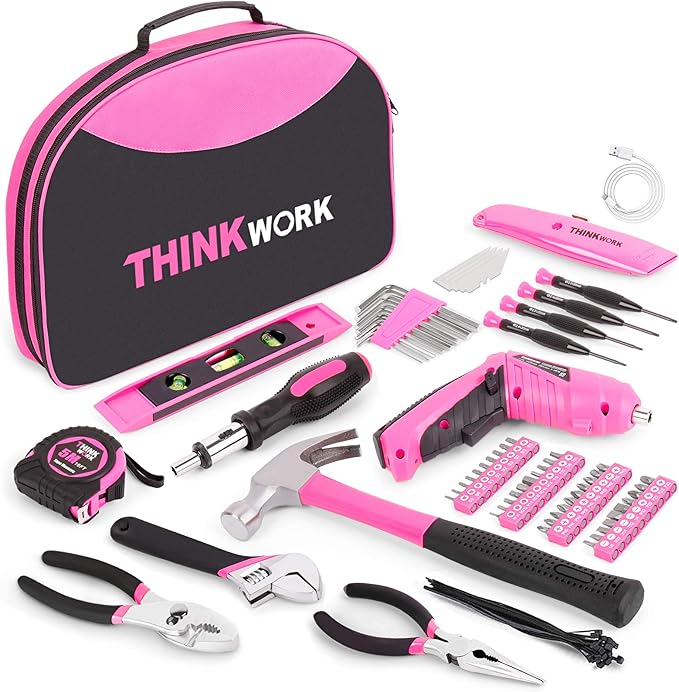 THINKWORK 122-Piece Pink Tool Set with 3.6V Rotatable Electric Screwdriver, Home Tool Kit for Women with Easy Carrying Round Pouch, Ladies Pink Tool Kit for Home Maintenance, DIY, Gifts