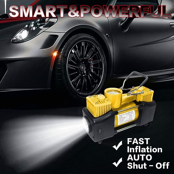 YUNGTEE Yellow Tire Inflator Heavy Duty Double Cylinders Direct Drive Inflation Pump,12V Portable Air Compressor Pump with Emergency LED Light - 150PSI Tire Pump,Apply to Car,Suv,RV