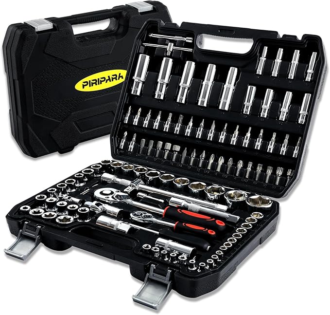108 Piece Mechanics Tool Set Metric And Standard 1/4" & 1/2" Socket Set, Ratchet Set, Universal Joint, Extension Bars, Quick Release Reversible Ratchet Wrench, Plastic Toolbox Storage