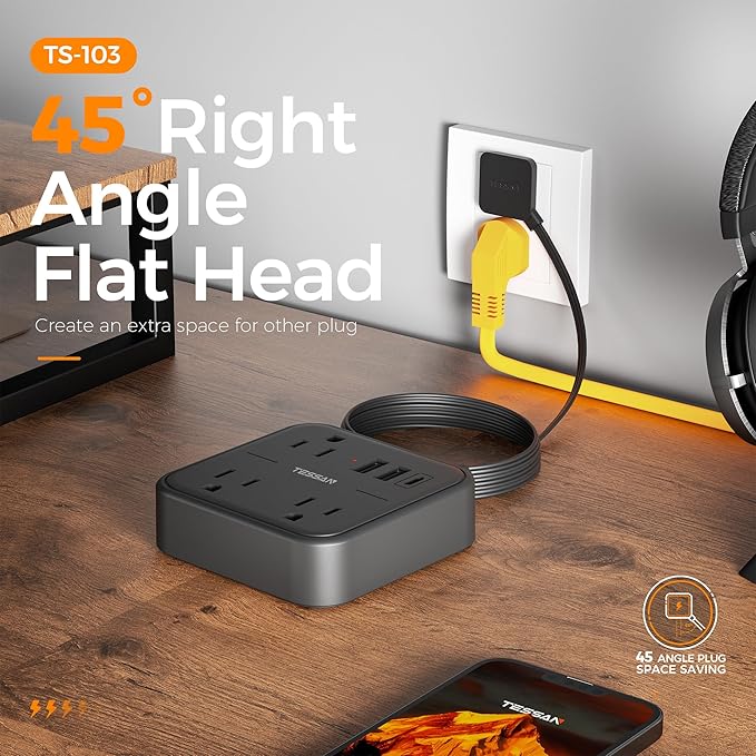 Surge Protector Power Strip, TESSAN Flat Extension Cord 5 FT with USB Ports (1 USB C) and 3 Outlets, Ultra Thin Flat Plug Wall Charger for Home, Office, School, Dorm Room Essentials, Black