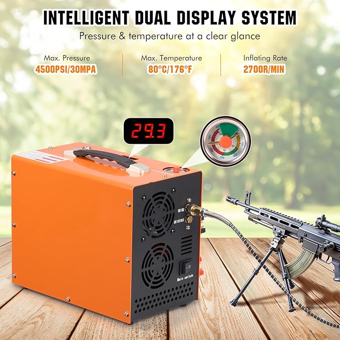 PCP Air Compressor with Auto Shut Down, Portable 4500Psi/30Mpa, Water/Oil-Free, One Button Start, Bursting Disc, 12V DC/120V AC PCP Airgun Compressor, Rifle/Pistol and Paintball Tank Air Pump (Orange)
