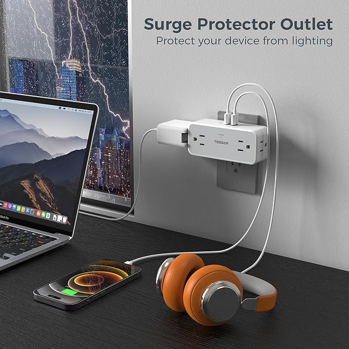 Multi Plug Outlet Splitter, TESSAN 4 Wall Outlet Extender with 3 USB Wall Charger(1 USB C), Surge Protecter 900J, Widely Spaced Multiple Plug Expander
