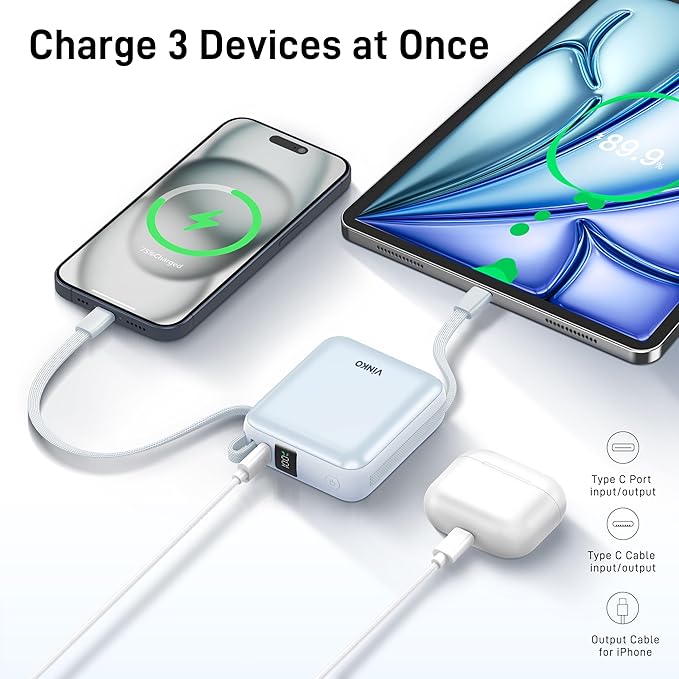 VINKO Portable Charger with Built-in Cable, 10000mAh 22.5W Fast Charging USB C Battery Bank, Cell Phone Power Bank for iPhone 16 15 14 Samsung Galaxy S24 S23 Series Android Tablet (Blue)
