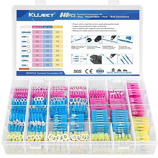 Kuject 840PCS Heat Shrink Wire Connectors Kit, Electrical Waterproof Crimp Butt Terminals, Insulated Spade Connectors for Automotive Marine Boat Truck, Include Rings Forks Spade Butt Splices