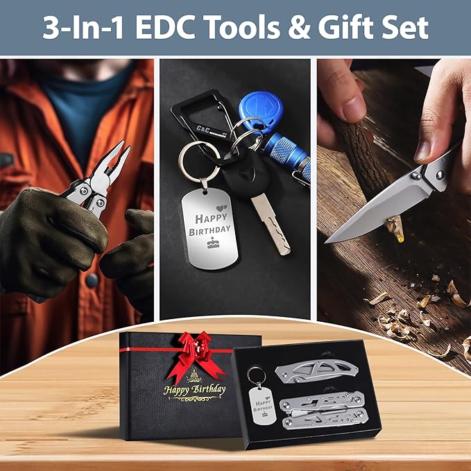 Multitools Set “HAPPY BIRTHDAY”, Gift for Birthday 14-in-1 Multi-tool Pliers, Pocket Knife & Keychain Tag, 3-Piece EDC Kit for Camping, Hiking - Premium Gift Box for Men Women