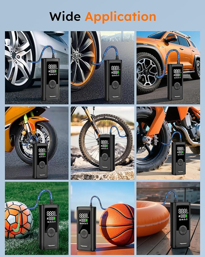 VEEAPE Tire Inflator Portable Air Compressor, 6X Faster Cordless Car Tires Air Pump with Auto-Shutoff Digital Pressure Gauge LED Light Portable Air Pump Tire Inflator for Car, Bike, Motorcycle, Ball