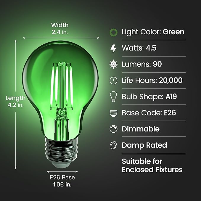 Feit Electric A19/TG/LED/6 25W Equivalent Dimmable Clear Glass Filament Colored LED Light Bulbs, Green, 6-Pack, 2.4" D x 4" H