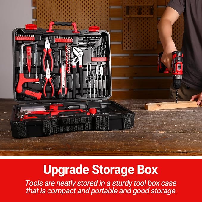 Red Drill Tool Kit Set: 20V Cordless Power Drill Tool Box with Battery Electric Drill Driver for Men Home Hand Repair Basic Toolbox Tools Sets Drills Case