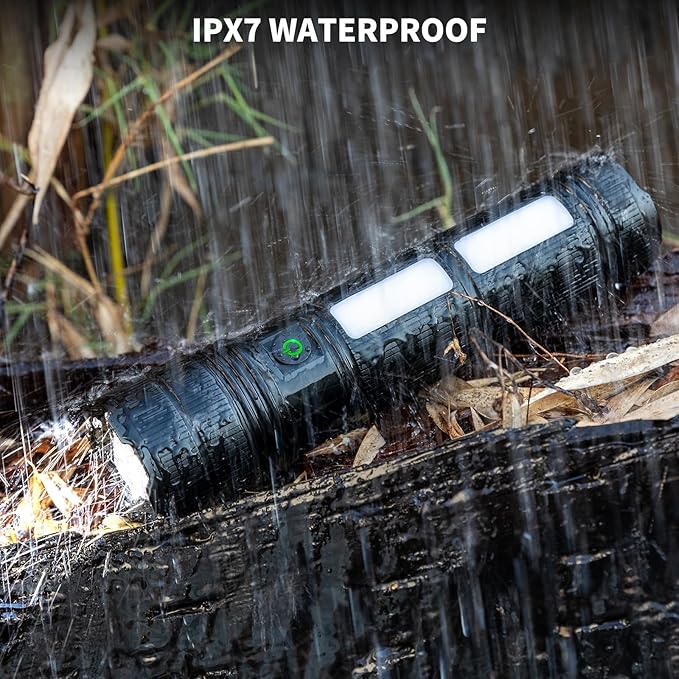 KINGCAESAR Rechargeable Flashlights 3000 High Lumens, Super Bright Flash Light with 2 Cob Light, High Powered LED Flashlights with 4 Modes, 7200 ɱAh & 24 Hours, IPX7 Waterproof for Outdoor, Home