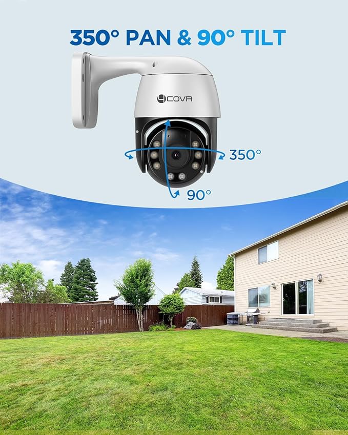 4COVR PoE PTZ Security Camera System, 8X 5MP PoE IP Camera, 8CH 4K NVR & 2TB HDD, 350° Pan 90° Tilt 3X Digital Zoom, Smart Color Night Vision, Two Way Audio, AI Human Vehicle Detection, LYM2XP5M0808