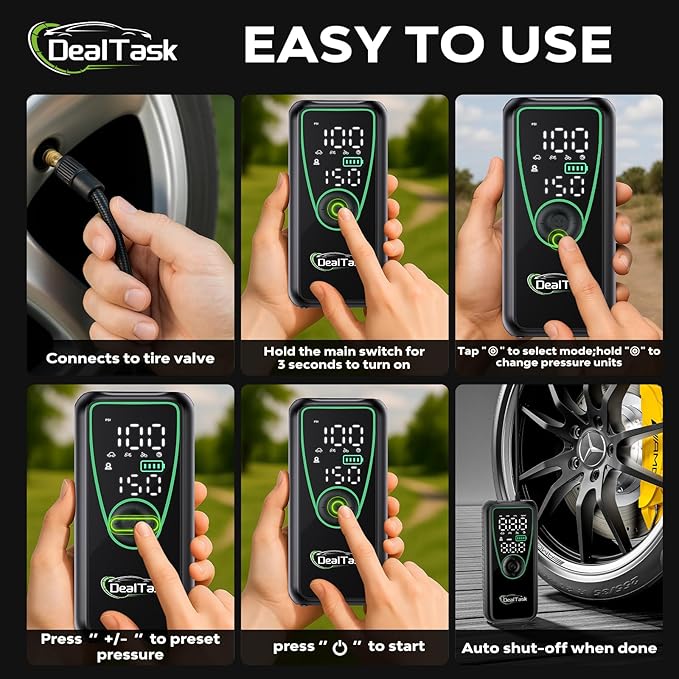 Tire Inflator Portable Air Compressor,150PSI Fast Inflation with 4000mAh Battery, Digital Pressure Gauge, LED Light,Auto Shut-Off Portable Air Compressor for Car, Motor, Bicycle, Balls and More