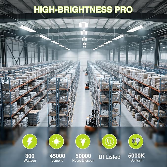 LED Linear High Bay Shop Light With Motion Sensor 300W, Larger Central Lighting Area, 45000LM, 100-277V, 0-10V, 5000K, Commercial Linear High Bay Led Shop Lights for Warehouse Industrial Garage , UL