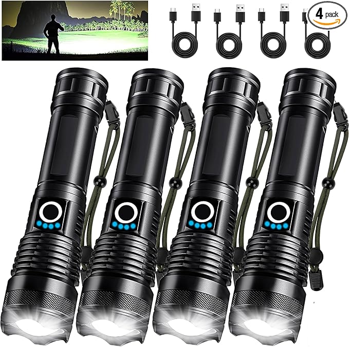 4 Pack Rechargeable LED Flashlights High Lumens, 90,000LM Super Bright Flashlight, Adjustable Powerful Flash Light with USB Cable & 5 Modes, Waterproof Handheld Flashlight for Home Camping