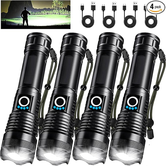 4 Pack Rechargeable LED Flashlights High Lumens, 90,000LM Super Bright Flashlight, Adjustable Powerful Flash Light with USB Cable & 5 Modes, Waterproof Handheld Flashlight for Home Camping