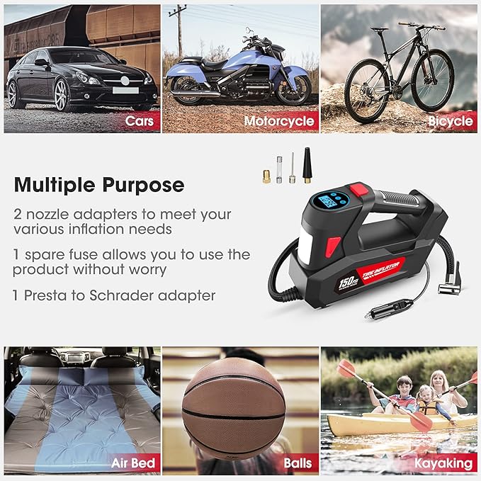 Air Compressor Tire Inflator Portable Air Pump DC 12V Auto Tire Pump with Digital Pressure Gauge,150PSI with Emergency LED Light for Car Tires, Motorcycle, Bicycle and Other Inflatables