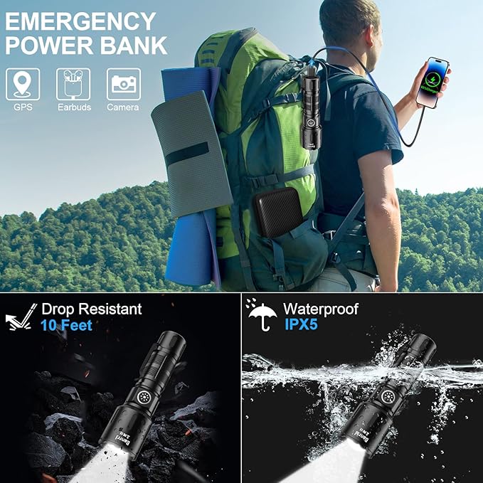 Banral Flashlights High Lumens Rechargeable, Super Bright LED Small Powerful Flashlight with Memory Function, 6Modes Pocket Waterproof Flash Light for Camping,Hiking (1, Black)