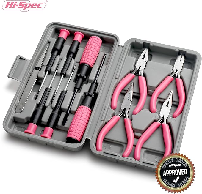 Hi-Spec 11pc Pink Womans Compact Crafts & Home DIY Repair Hand Tool Kit Set with Pliers, Cutters and Precision Screwdrivers for Ladies