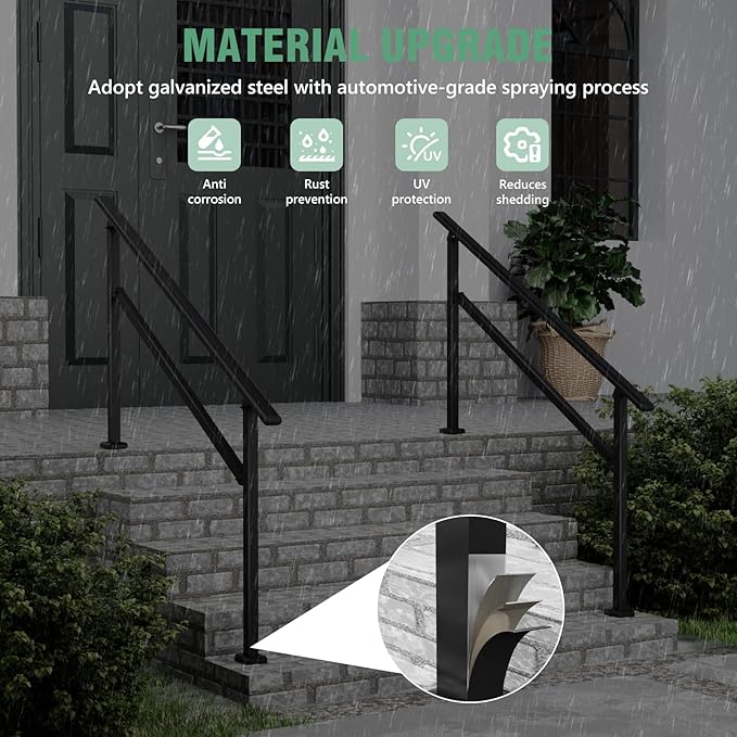 2 Pack Hand Rails for Outdoor Steps,4-5 Step Railing for Stairs,Adjustable Porch Railing,Hand Rails for Seniors,Outdoor Deck Handrails for Exterior Steps,Black