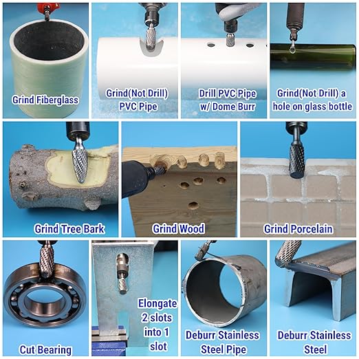 8Pcs Carbide Burr Set 1/4 Shank w/Clear Box Max Head Dia 12mm Die Grinder Bits Rotary Tools Attachment Kit Rasp Accessories Metal Wood Stone Steel Grinding Deburring Cutting Porting Carving