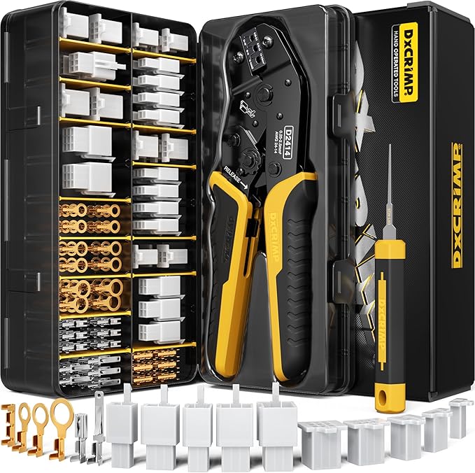 Automotive Electrical Wire Connectors Crimping Tool Kit, 2.8mm 2 3 4 6 9 Pin Connector, AWG 24–14 Ratchet Crimping Tool with Extractor, for Car, Motorcycle, Boat, Trailer Wire Harness Repairs