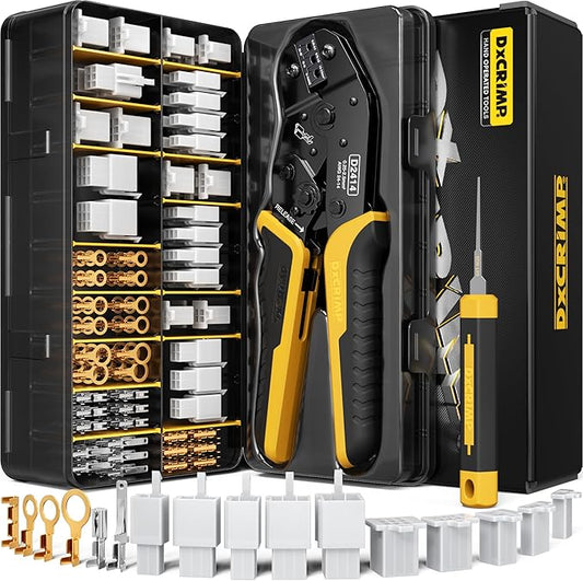 Automotive Electrical Wire Connectors Crimping Tool Kit, 2.8mm 2 3 4 6 9 Pin Connector, AWG 24–14 Ratchet Crimping Tool with Extractor, for Car, Motorcycle, Boat, Trailer Wire Harness Repairs