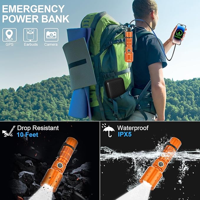 Flashlights High Lumens Rechargeable, Super Bright Long Range Small Powerful Flashlight, 6 Modes LED Tactical Pocket Waterproof Flash Light for Home Emergency (1, Orange)
