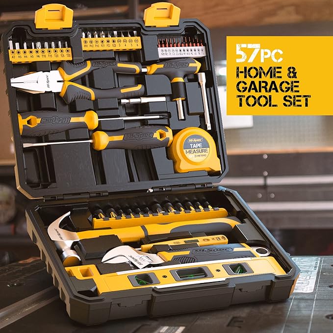 Hi-Spec 57pc Home & Garage DIY Tool Kit Set. Complete Beginner Handyman and Home Mechanics Tool Box Set for Household Repairs