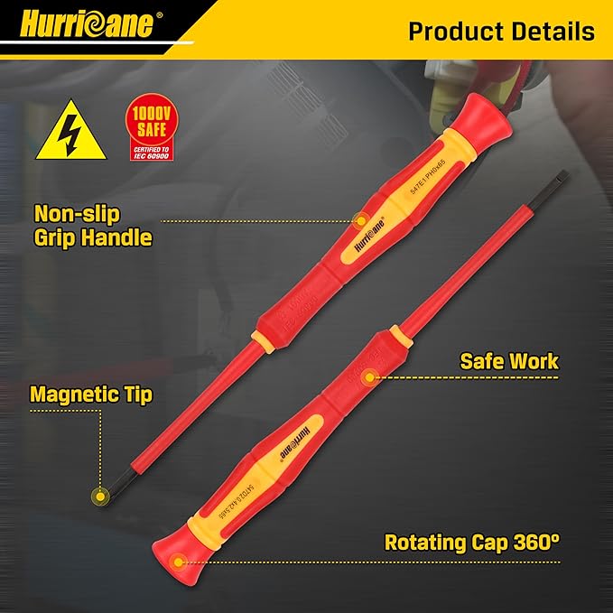 HURRICANE 1000V Precision Insulated Screwdriver Set, 6 Piece Insulated Electrician Screwdriver Set with Magnetic Tips for Electrical Repairs. Slotted(1.8mm, 2.0mm, 2.5mm, 3.0mm), Phillips(PH00, PH0)