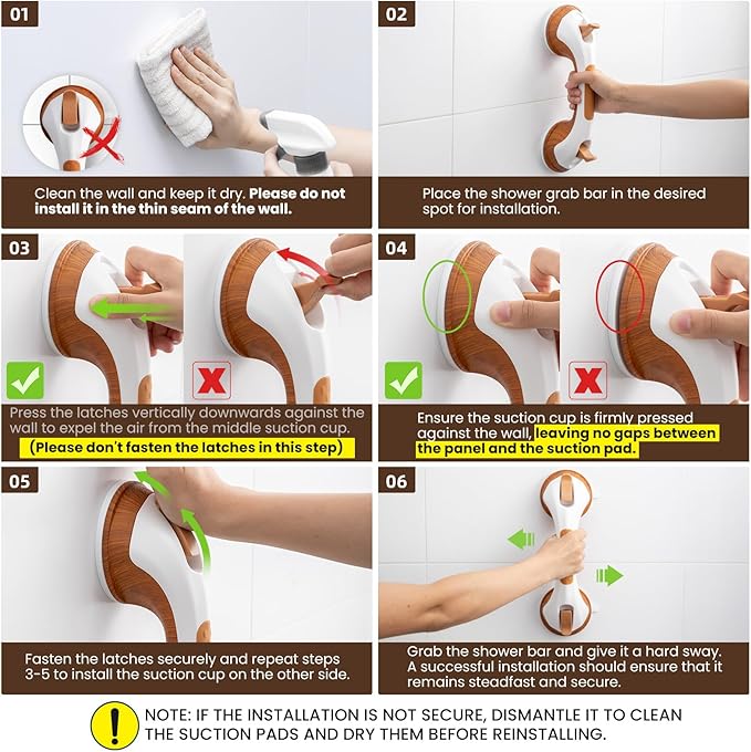 TAILI Shower Grab Bar, 2 Pack 12 Inch Suction Grab Bars for Bathtubs and Elderly, Shower Handle for Seniors Bathroom Safety Grip, No Drilling Removable,Wood Grain