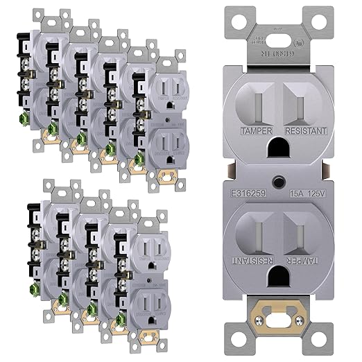 ENERLITES Elite Series Duplex Receptacle, Tamper Resistant Electrical Wall Outlet, Residential Grade, Self-Grounding, 3-Wire, 2-Pole, 15A 125V, UL Listed, 61580-TR-SV-10PCS, Silver, 10 Pack