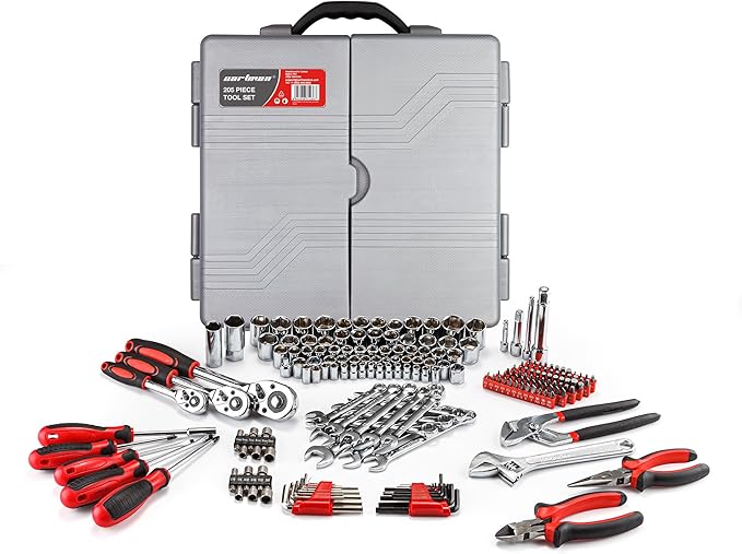 CARTMAN 205 Piece Ratchet Wrench Tool Set 1/4" & 3/8" & 1/2" Drive with SAE/Metric Sockets Kit in Plastic Toolbox