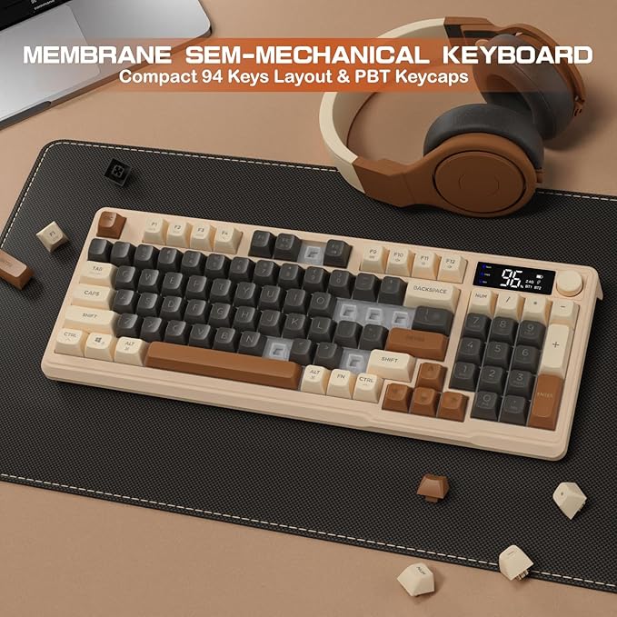 ZIYOU LANG M96 Wireless Gaming Silent Membrane Keyboard,Display Screen & Knob with Multimedia Keys Dual Mode Bluetooth/2.4Ghz,Rainbow Backlight 94Keys Ball Shape PBT Keycap ANSI Layout for Win/Mac