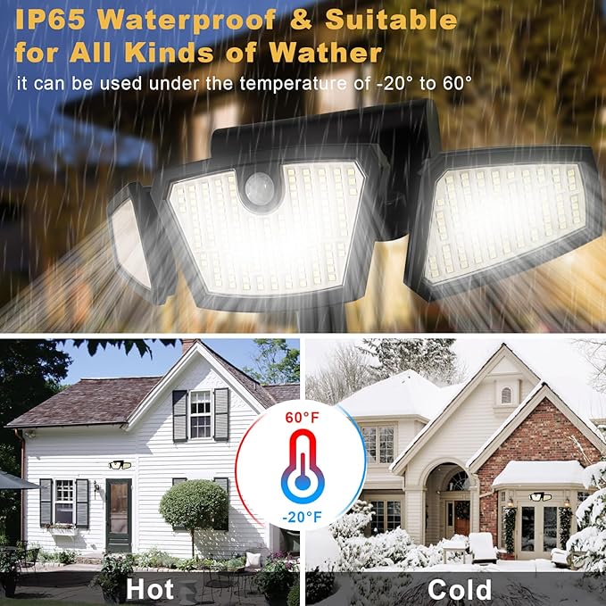 Motion Sensor Lights Indoor/Outdoor, 2100LM Home Security Lights, 6500K Wireless IP65 Waterproof 3 Heads Outdoor Battery Powered Flood Lights for Garage, Porch, Basement, Barns, Yard