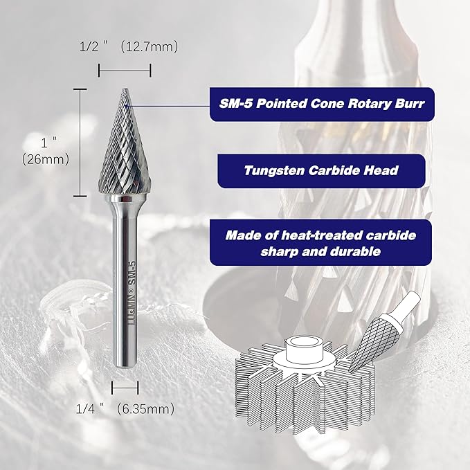 LU&MN SM-5 Tungsten Carbide Burr Rotary File, 3PCS, 25° Pointed Cone, Double Cut, 1/4'' Shank, 1/2'' Cutter Dia, 1'' Length, for Die Grinder Drill