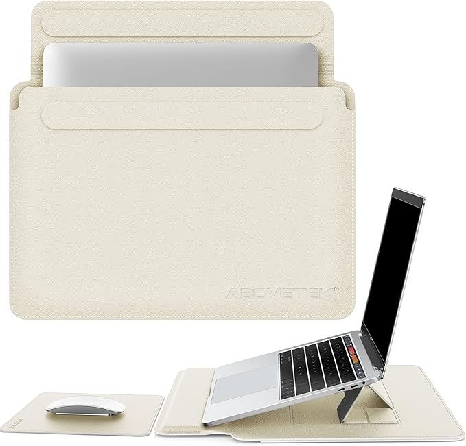 AboveTEK Laptop Sleeve Case for 13-14 inch MacBook Air/Pro, Slim Laptop Case with Stand, Ergonomic Wrist Rest & Mouse Pad, Waterproof Anti-Scratch Leather Bag for 13-14 Surface HP (Beige)