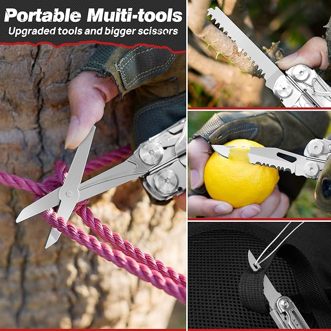 BIBURY Multitool Pliers BI2038B, 22-in-1 Stainless Steel Multi Tool with Flint, Window Breaker, Scissors, Back Clip, Folding Pocket Multifunctional Self-locking EDC Tool for Survival Camping Hiking