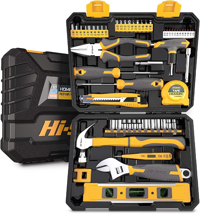 Hi-Spec 57pc Home & Garage DIY Tool Kit Set. Complete Beginner Handyman and Home Mechanics Tool Box Set for Household Repairs